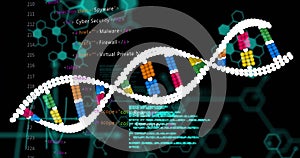 Image of data processing over dna strand on black background