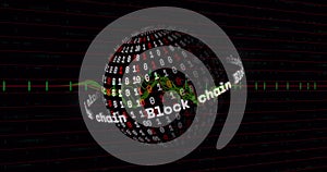 Image of data processing over globe with binary coding on black background
