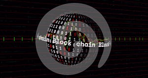 Image of data processing over globe with binary coding on black background
