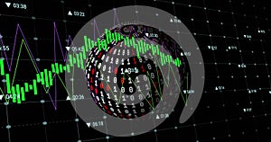 Image of data processing over globe with binary coding on black background