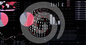 Image of data processing over globe with binary coding on black background