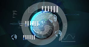Image of data processing over globe on black background