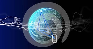 Image of data processing over globe on black background