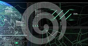 Image of data processing over globe on black background