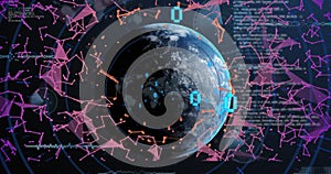 Image of data processing over globe and connections with binary coding