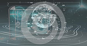 Image of data processing over globe and moving clock on black background