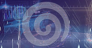 Image of data processing over globe and moving clock on black background