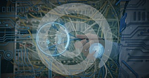 Image of data processing over hands of caucasian man holding computer wires