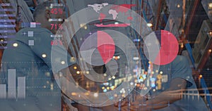 Image of data processing over happy diverse workers in warehouse