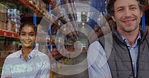 Image of data processing over happy diverse workers in warehouse