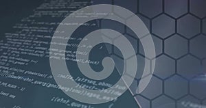 Image of data processing over hexagons on blue background