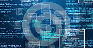 Image of data processing over hexagons and blue background