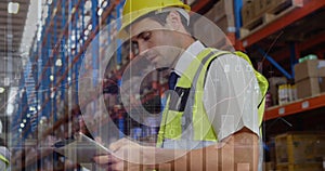 Image of data processing over man working in warehouse