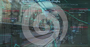 Image of data processing over modern building and cityscape