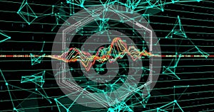Image of data processing over network of connections on black background