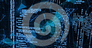 Image of data processing over network of connections on black background