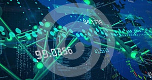 Image of data processing over network of connections on black background