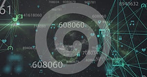 Image of data processing over netwrok of connections with icons on black background