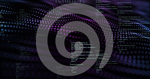 Image of data processing over purple spots on black background