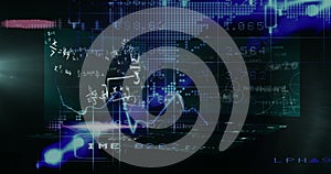 Image of data processing over screens on black background