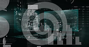 Image of data processing over screens on black background