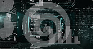 Image of data processing over screens on black background