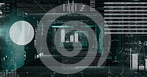 Image of data processing over screens on black background