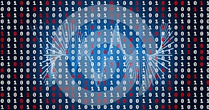 Image of data processing over shapes on blue background