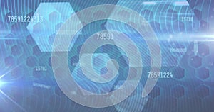 Image of data processing over shapes on blue background