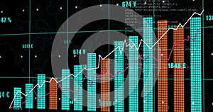 Image of data processing over shapes on blue background