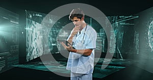 Image of data processing over smiling caucasian businessman using tablet photo