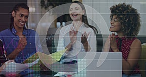 Image of data processing over smiling diverse business people talking