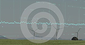 Image of data processing over spinning windmills on grassland against grey sky