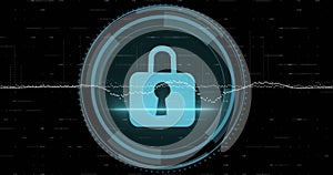 Image of data processing over syber security text and scope scanning on black background