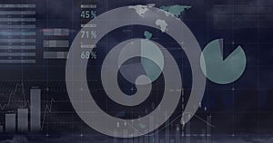 Image of data processing over world map and clouds