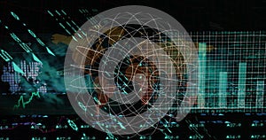 Image of data processing over world map and globe