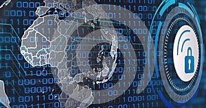 Image of data processing with padlock icon over globe and blue background