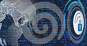 Image of data processing with padlock icon over globe and blue background