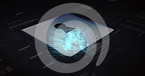 Image of data processing and padlock icon over server room