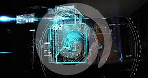 Image of data processing and padlock over caucasian female worker in server room