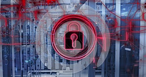 Image of data processing and padlock over server room photo