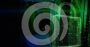 Image of data processing and padlock over server room