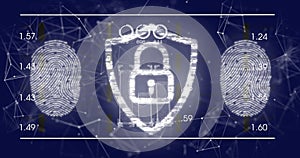 Image of data processing and padlock over shapes and fingerprints