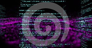 Image of data processing and purple spots over black background