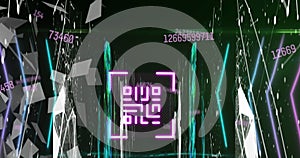 Image of data processing with qr code and digital human over shapes on black background