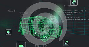 Image of data processing and scanning over car drawing spinning on black background