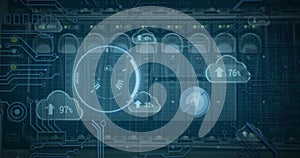 Image of data processing and scope scanning with clouds over server room