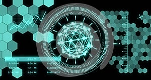 Image of data processing with scope scanning and globe of connections on black background