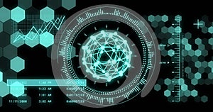 Image of data processing with scope scanning and globe of connections on black background