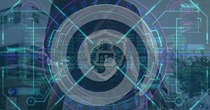 Image of data processing and scope scanning over african amercian businessman